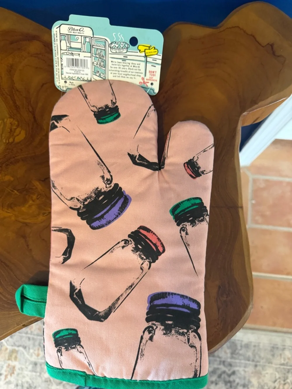 NWT Blue Q Pink Oven Mitt with Green and Black Print